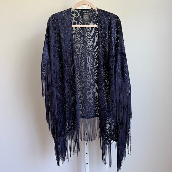 BeBe sz One‎ Size Navy Burnout Velvet Kimono Fringe Open Top - Picture 1 of 7